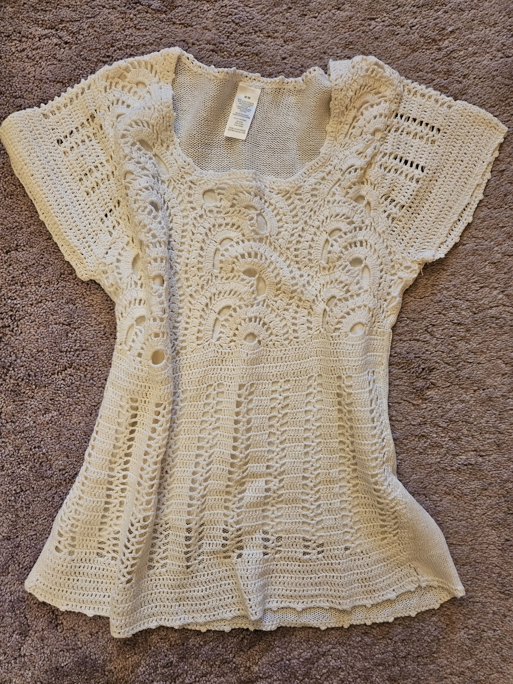 Crochet Openwork Short-Sleeve Top - Cream
